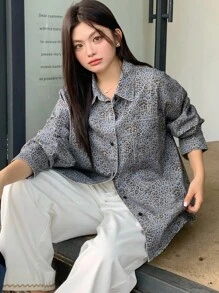 Dazy Plus Leopard Print Lapel Pocket Loose Denim Jacket, Long Sleeve, Plus Size, Autumn - Blue - View 7