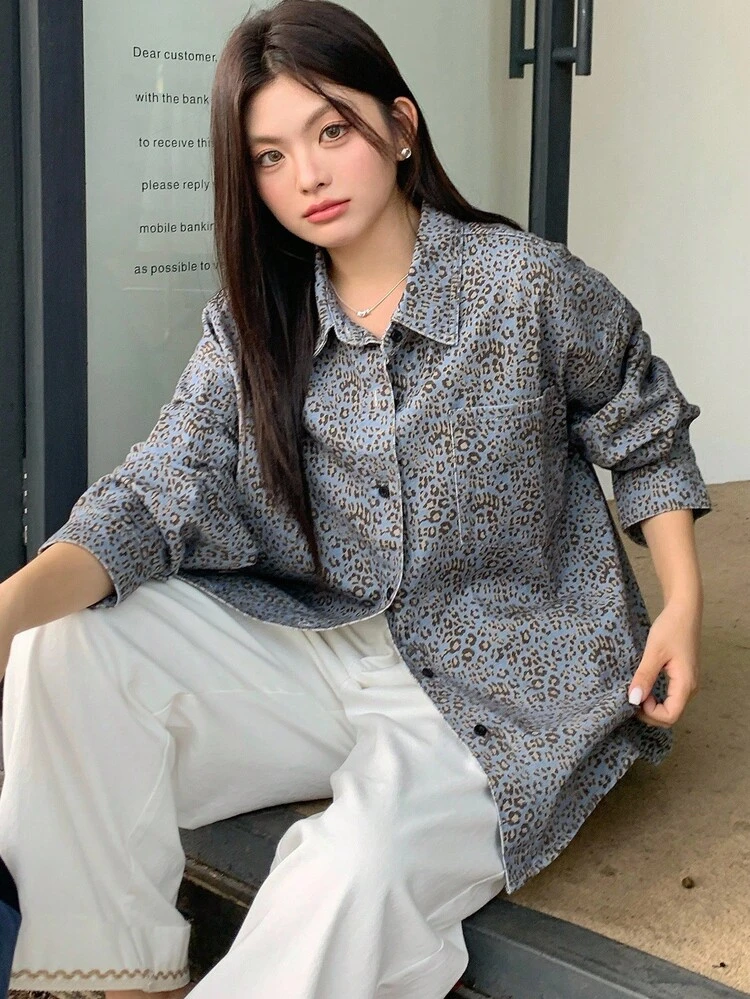 Dazy Plus Leopard Print Lapel Pocket Loose Denim Jacket, Long Sleeve, Plus Size, Autumn