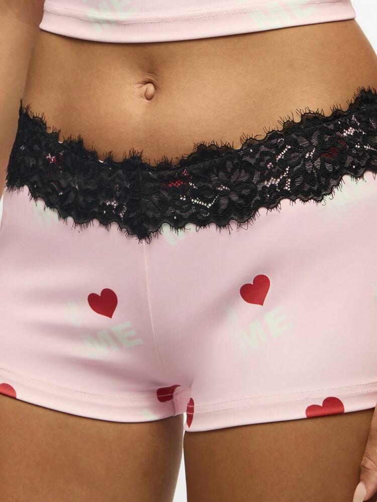 SUMWON WOMEN Heart Print Hot Pants With Black Lace Trim