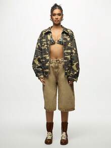 SUMWON WOMEN Oversized Camouflage Bomber Jacket Military Print Casual Fall Winter Zip Up Streetwear Outerwear With Elastic Hem And Cuffs