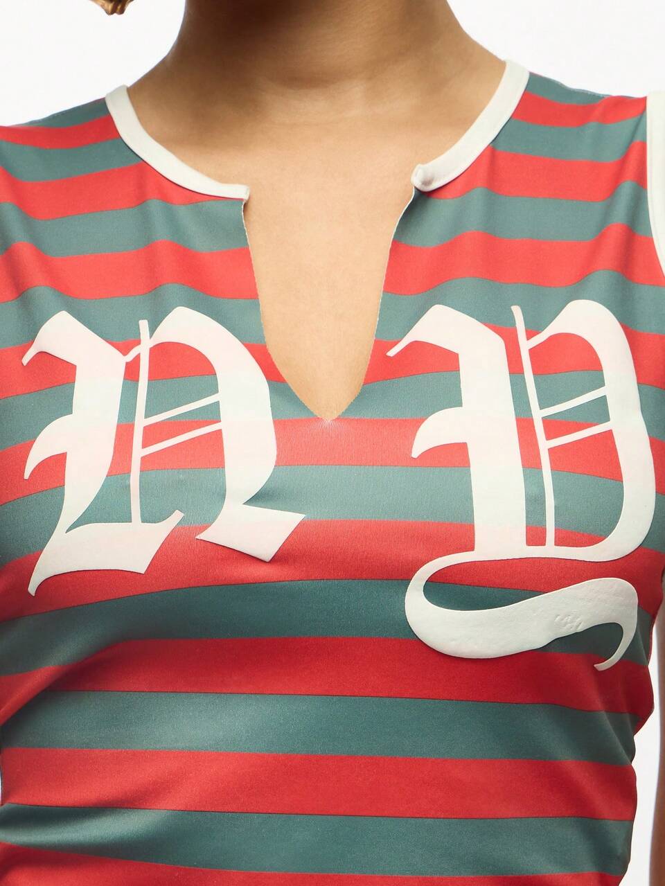 SUMWON WOMEN Notch Neck Striped Tank Top With Gothic Script Pattern