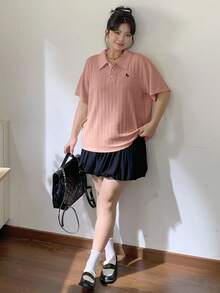 Dazy Plus Valentine Apricot Basic Polo Collar Embroidered Turndown Collar Short Sleeve Summer Plus Size T-Shirt - Pink - View 5