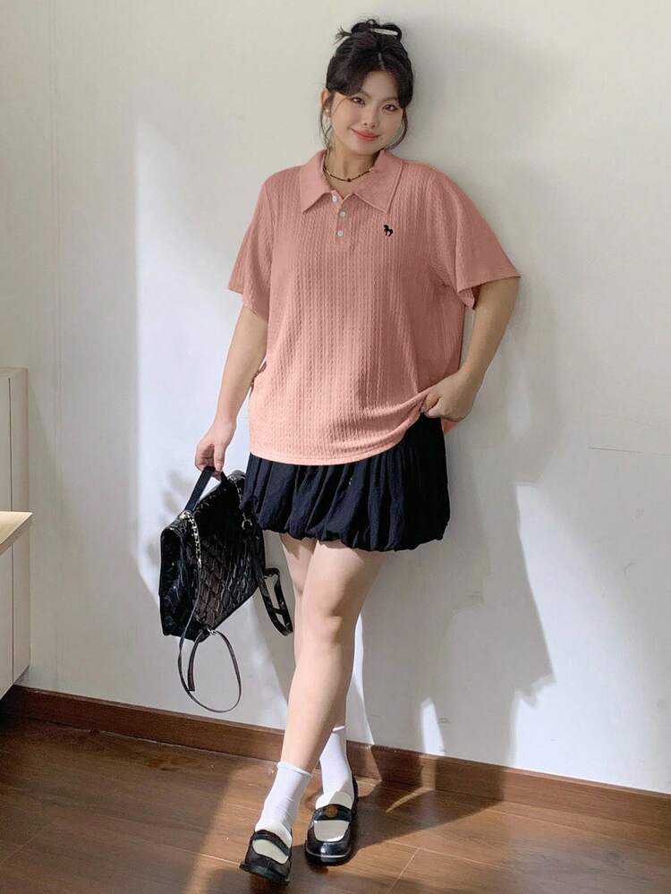 Dazy Plus Valentine Apricot Basic Polo Collar Embroidered Turndown Collar Short Sleeve Summer Plus Size T-Shirt