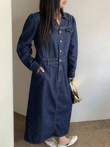 Dazy Plus Vestido vaquero ajustado de manga corta y lavado oscuro, prenda de vestir de denim para primavera/otoño - Azul lavado oscuro - Ver 5