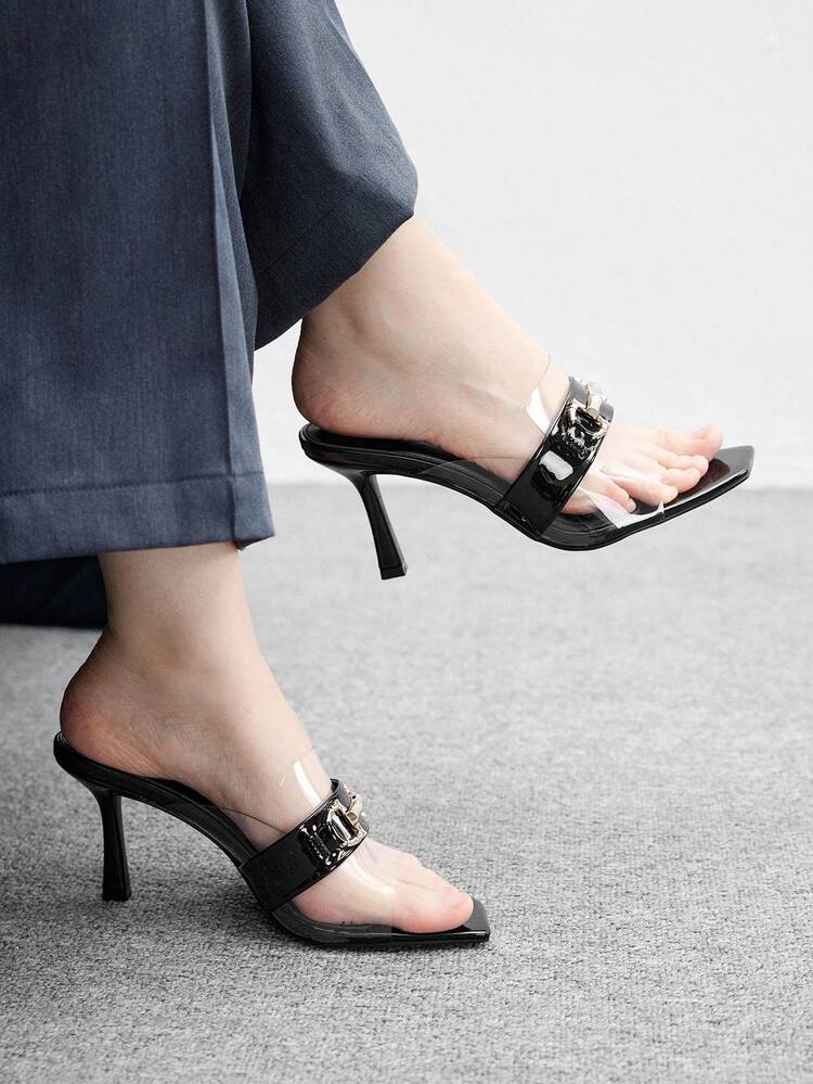CUCCOO BIZCHIC Women's Black Buckle Decor Transparent Square Toe Sandals