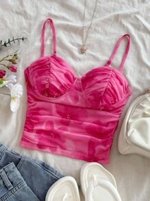 Soleia Damen Große Größen Urlaubs rosafarbenes Mesh geraffte Trägerhemd