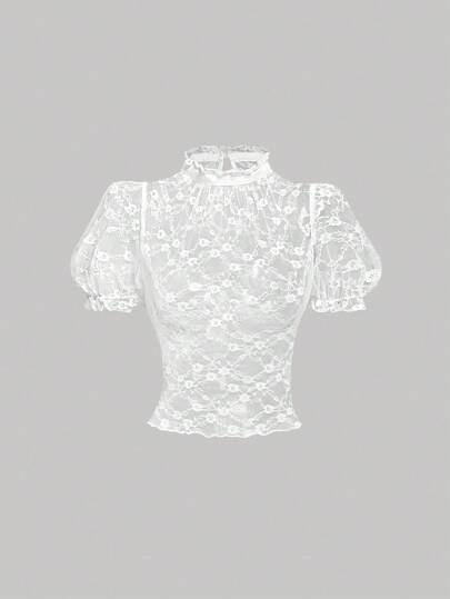 SHEIN MOD 复古浪漫透视蕾丝花边领短袖上衣夏季女式上衣