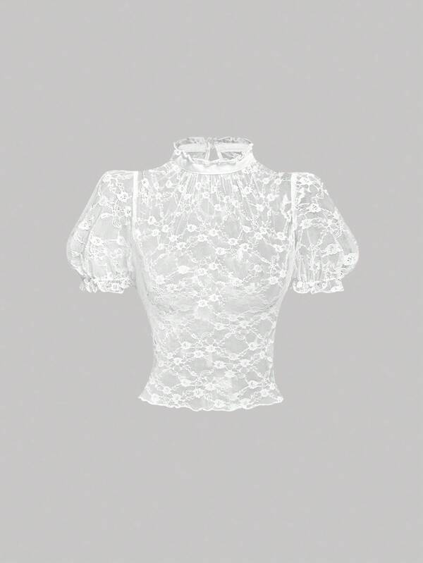 SHEIN MOD Vintage Romantic See-Through Lace Bud Neck Short Sleeve Top Summer Women Tops