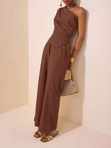 Zivah 2025夏季新款音乐节复活节母亲节婚礼生日派对日常出游基础百搭休闲网红爆款优雅通勤商务休闲一字肩百褶收腰不对称下摆女上衣直筒裤卡其色女两件套 - 棕色 - 查看 7