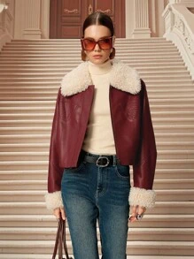 SHEIN Unity 女式仿毛领长袖PU皮革前拉链时尚夹克 - 酒紅色 - 查看 6