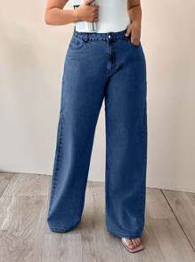 EURMUSE 100% 纯棉高腰阔腿大码牛仔裤 - 深色水洗藍 - 查看 8