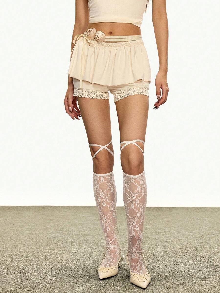 Rina Fox Quần legging thời trang viền xếp nếp phối ren cho nữ - Màu be - Xem 1