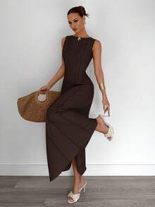 Siren Gaze 夏季新款褶皱无袖A字连衣裙 - 棕色 - 查看 7