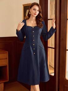 Vintamour Robe élégante vintage pour femme avec poches et boutons. Robe décontractée pour vacances, rentrée scolaire, tenues d'automne pour femmes, tenues d'enseignante, robes d'anniversaire pour femmes, vêtements de rentrée scolaire pour femmes, robes élégantes d'anniversaire pour femmes, tenues d'hiver pour femmes, tenues de bureau pour femmes, vêtements de travail occidentaux pour femmes, tenues de concert pour femmes, tenues de festival pour femmes - Bleu azur - Voir 5