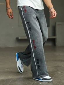 Manfinity Homme Men's Pocketed Wide Leg Jeans With Letter Embroidery And Frayed Hem - Grey - View 8