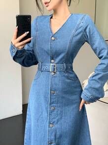 DAZY V 领金属扣腰带修身商务休闲长袖女士牛仔连衣裙，秋冬，秋季女装 - 中等水洗藍 - 查看 5