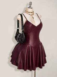 SHEIN ICON Plus Size Y2K Women's Burgundy PU Leather Sexy V-Neck Mini Dress,Wedding Guest Dress Women