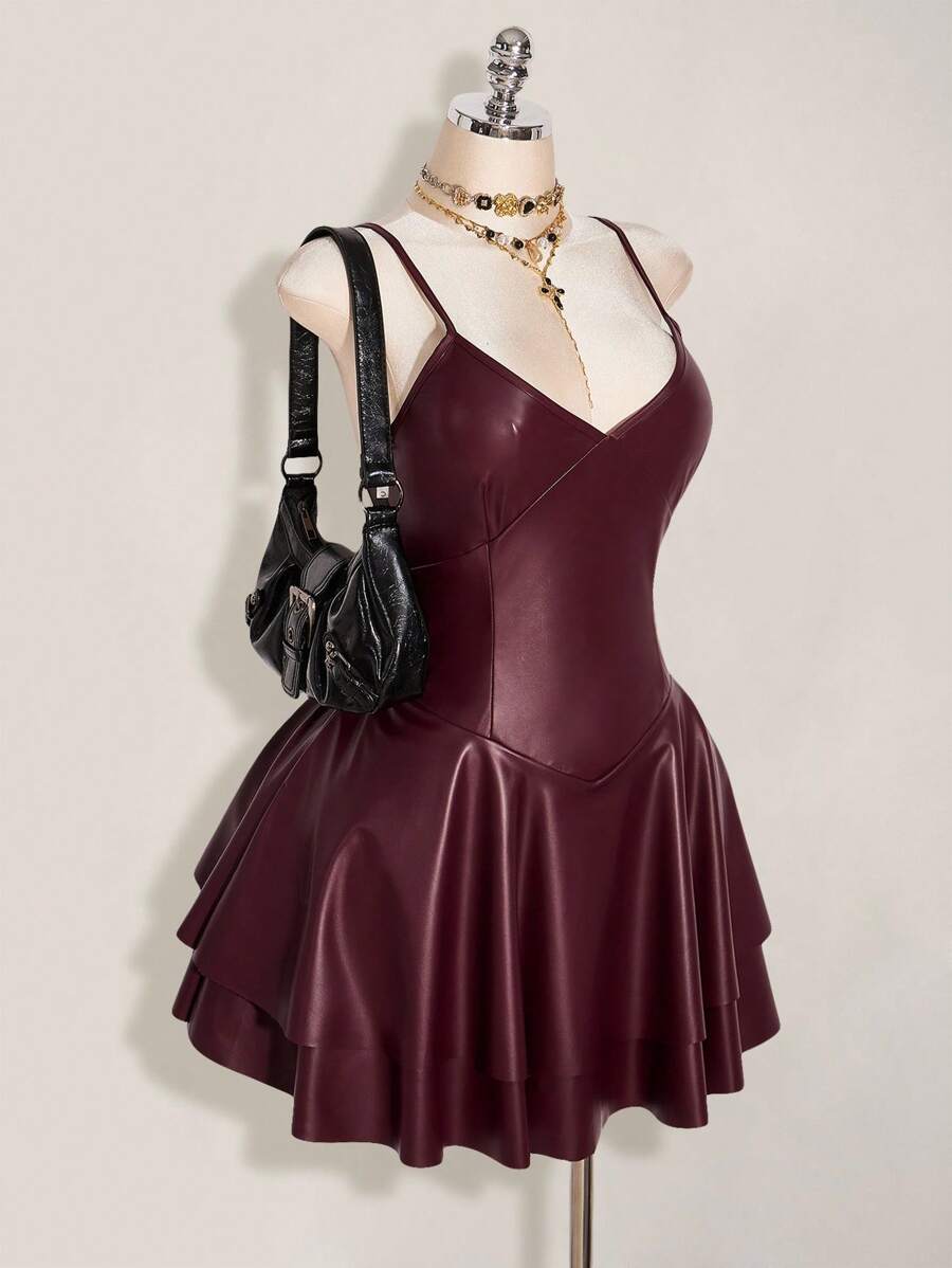SHEIN ICON Plus Size Y2K Women's Burgundy PU Leather Sexy V-Neck Mini Dress,Wedding Guest Dress Women