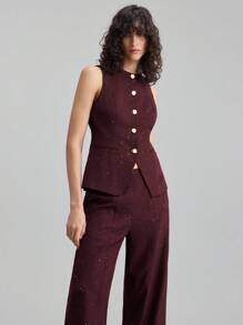 Ontre 2 件套女士西装套装，无袖背心和裤子，紫红色闪亮面料，圆领，收腰，现代都市风格，商务休闲，办公室通勤，日常穿着，秋季，2025 年新款 - 中紫紅色 - 查看 5