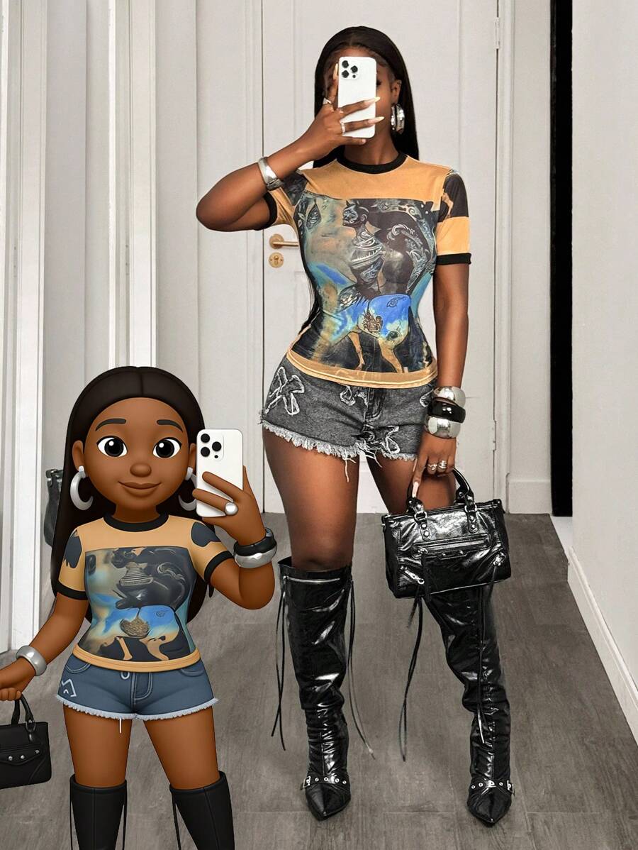 BamGleam Sommer sexy transparentes Mesh T-Shirt mit O-Ausschnitt, kurzen bedruckten Ärmeln, Party- und Festival-Oberteil im Y2K-Stil für Frauen