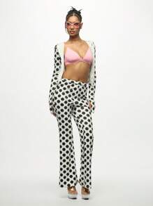 SUMWON WOMEN Polka Dot Flared Pants Festival Y2K High Waist Retro Disco Bell Bottom Dancing Clubwear Party Evening Wide Leg Trousers With Clear Platform Heels - White - View 5