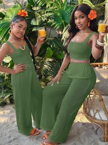 SHEIN Tween Girl 纯色短款吊带背心和阔腿裤两件套 - 橄欖綠 - 查看 9