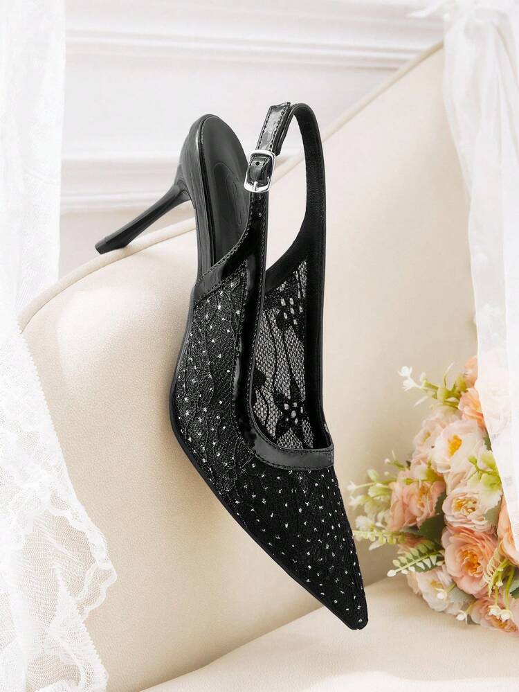 CUCCOO HITCHD Women's Pointed Toe High Heel Shoes, Elegant Romantic Sexy Black Mesh Lace Embroidered Rhinestone Stilettos, Suitable For Formal Occasions, Weddings, Parties, Holidays
