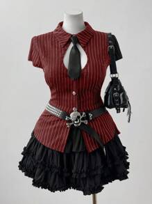 Sunspun Blus Kasual Wanita Ukuran Besar dengan Hiasan Kancing Logam Bergaya Vintage - Merah - View 1