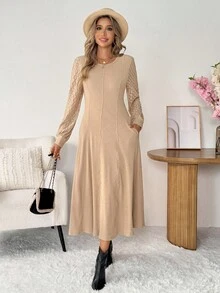 SHEIN LUNE فستان كاجوال للنساء بلون أحادي مع تصميم من الدانتيل، خصر ضيق وأكمام طويلة، ملابس أساسية للخريف والشتاء، ملابس شتوية كاجوال للنساء، ملابس خروج كاجوال للنساء، فساتين كاجوال وأنيقة للنساء، فستان بيج مصنوع من الصوف مع أكمام من الدانتيل - كاكي - مشاهدة 5