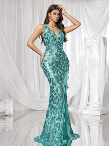 Coutiva Vestido de noche formal para mujer (muy adornado) - Verde - Ver 4