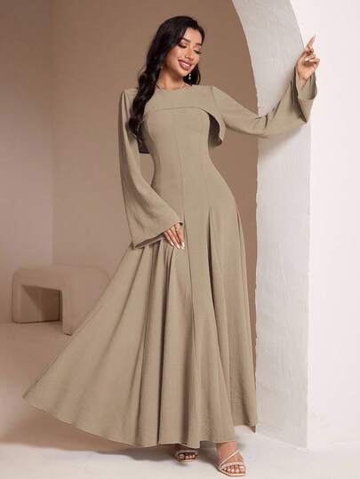 Veilorie Women's Solid Color Round Neck Bell Sleeve Cropped Top And Halter Neck Dress Elegant 2 Pieces Set