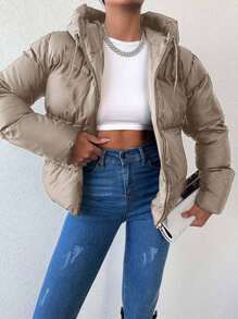 EURMUSE Women's Drawstring Hooded Padded Coat - Beige - View 1