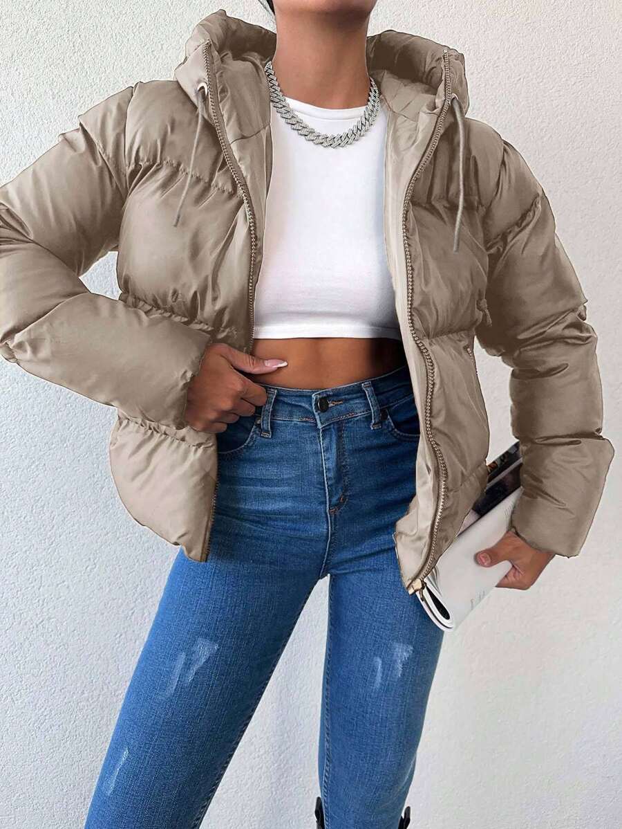 EURMUSE Women's Drawstring Hooded Padded Coat - Beige - View 1