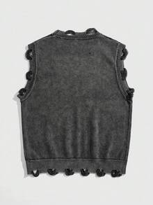 ROMWE MEN Grunge Punk Men's Casual Washed Distressed Crew Neck Knit Vest - Black - View 2