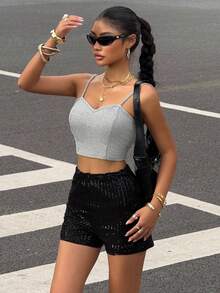 Muchica Women's Fall Clothes New Style Ladies' Sequined Shorts With Mesh & Beaded Embroidery Pattern For Music Festival,Suitable For Party Wear,Suitable For Daily Wear - Black - View 3