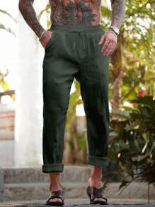 Manfinity Homme 休闲时尚百搭纯色简约抽绳男式裤子 - 軍綠色 - 查看 1