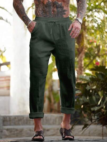 Manfinity Homme Casual Fashion Versatile Solid Color Minimalist Drawstring Men Pants