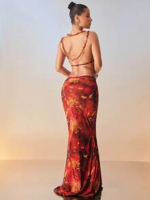 Hauture Falda larga ajustado de malla con volantes y estampado abstracto de animal, sexy para fiesta de verano y vacaciones