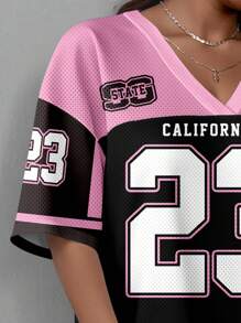 SHEIN EZwear 黑色和粉色对比色 23 图案 V 领网眼迷你连衣裙，适合夏季 - 彩色 - 查看 5