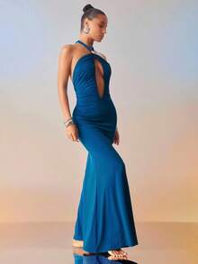 Hauture Sexy Summer Night Vacation Party Solid Ornament Hallow Out Cut Out Ruched Halter Maxi Dress - Blue - View 4