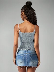 MISSGUIDED 复古风牛仔紧身胸衣背心，带钩眼扣细节系带肩带，后背褶饰，春夏节日休闲无袖 - 淺藍色 - 查看 2