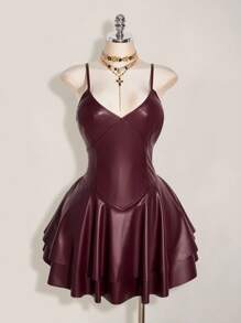 SHEIN ICON Plus Size Y2K Women's Burgundy PU Leather Sexy V-Neck Mini Dress,Wedding Guest Dress Women