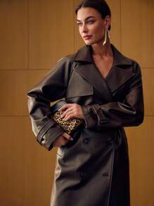 MOTF PREMIUM 棕色复古 PU 皮革双排扣风衣 - 棕色 - 查看 5