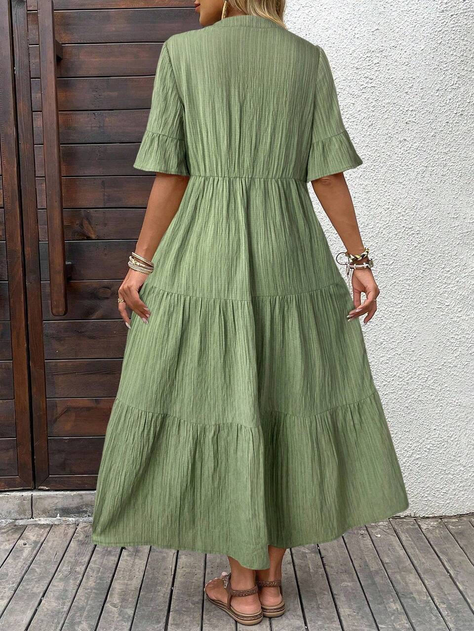 Women's Solid Color Minimalist Casual Mid-Length Dress, Short Sleeve Green Maxi Dress Casual Maxi Dress Short Sleeve Maxi Dress Women Summer Dress Vacation Dress Fall Clothes,Casual Dresses For Women Chic Dress,Casual