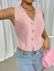 Elenzga 2024年新款欧美深V领无袖修身针织毛衣背心上衣女士开衫 - 淺粉色 - 查看 5
