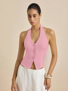 Airaco Áo ba lỗ hở lưng một hàng khuy đơn màu mùa hè dành cho nữ - Hồng - Xem 4