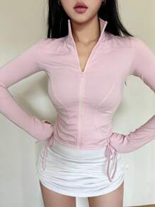 DAZY Women's Solid Color Elastic Mock Neck Fitted Long Sleeve Jacket, Casual Sports, Spring/Autumn - Pink - View 5