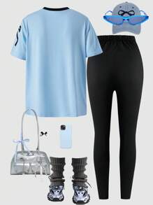 SHEIN Explorewe 2 件套青少年女孩休闲舒适数字印花 V 领短袖 T 恤和合身印花裤，适合休闲和居家 - 彩色 - 查看 2