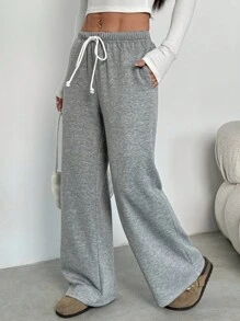 SHEIN PETITE Women's Casual Minimalist Straight Leg Thermal Lined Pants, Slim Fit, Versatile Sportswear Fall Cloth For Women