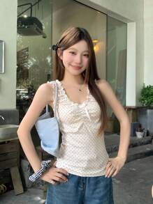 DAZY 女式韩版波点优雅无袖蝴蝶结衬衫可爱上衣外出上衣 - 米色 - 查看 5